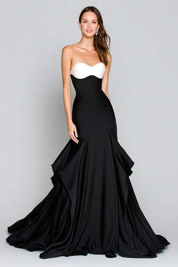 Robe longue formelle en satin sirène noir et blanc avec volants